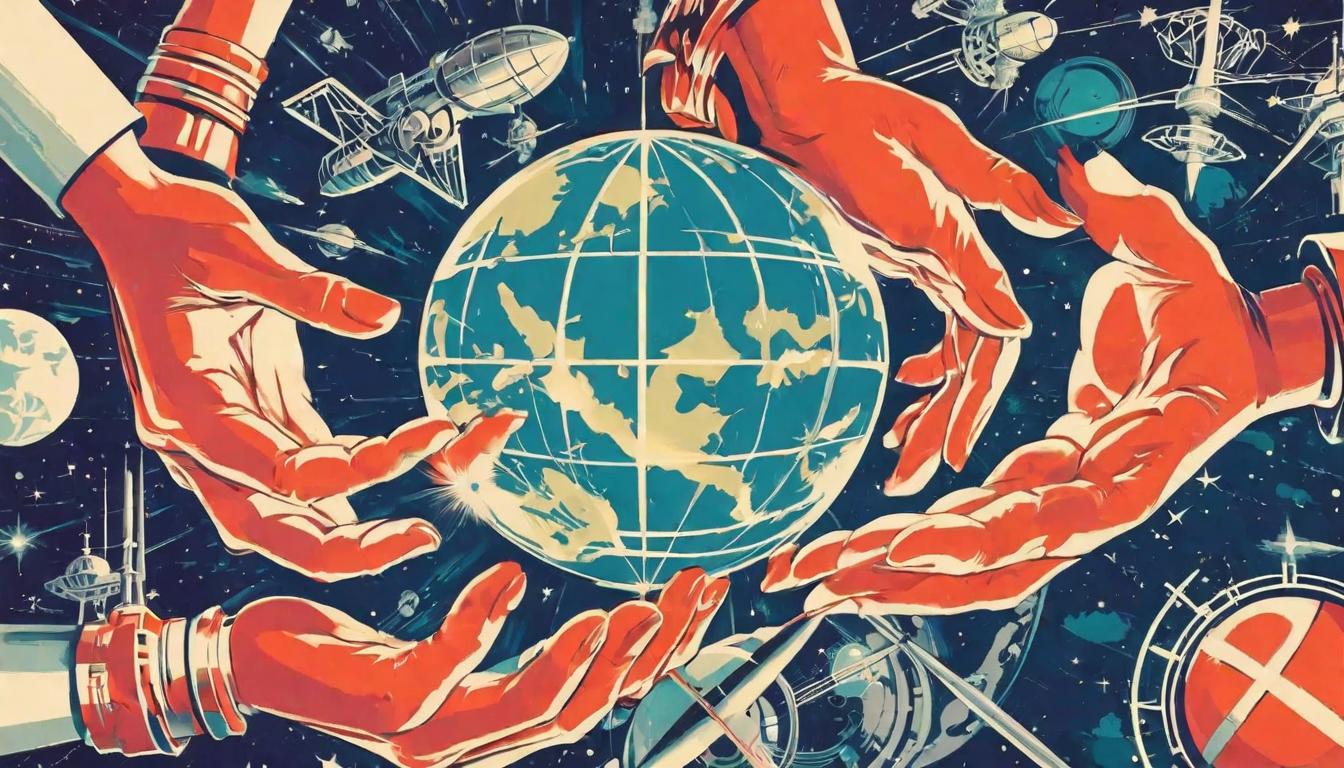  retro futuristic interconnected hands, globe in background, unity and togetherness lvintage sci fi, 50s and 60s style, atomic age, vibrant, highly detailed