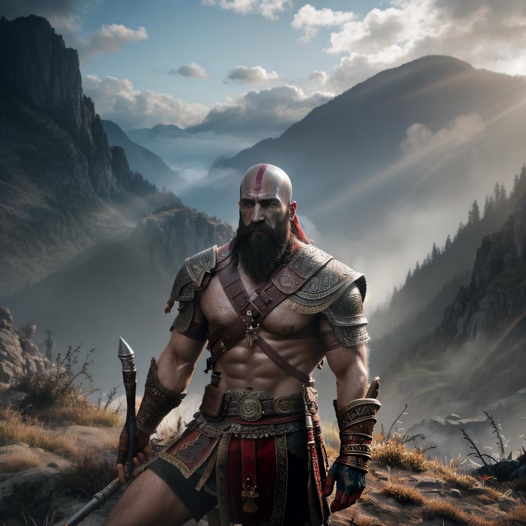  God of war hyperrealistic, full body, detailed clothing, highly detailed, cinematic lighting, stunningly beautiful, intricate, sharp focus, f/1. 8, 85mm, (centered image composition), (professionally color graded), ((bright soft diffused light)), volumetric fog, trending on instagram, trending on tumblr, HDR 4K, 8K