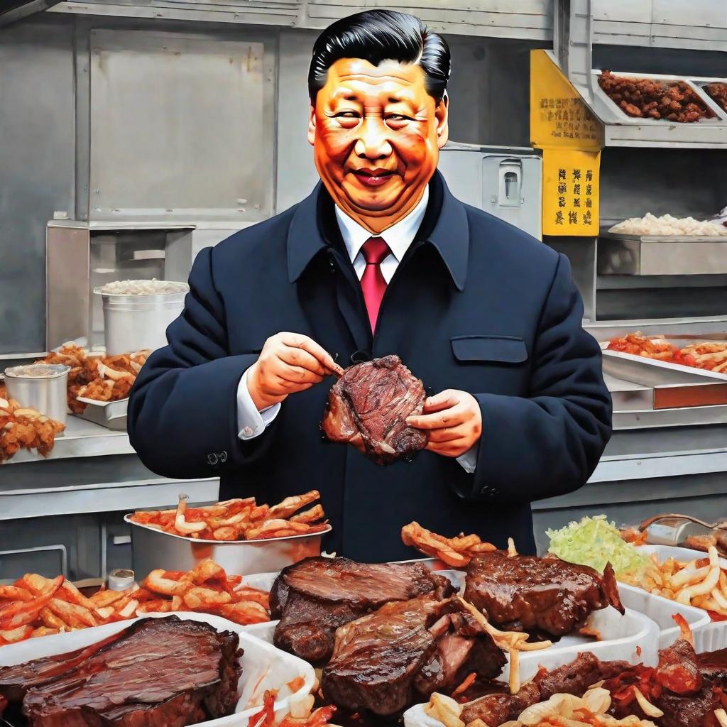  Masterpiece, best quality, Xi Jinping eating steak at the garbage station