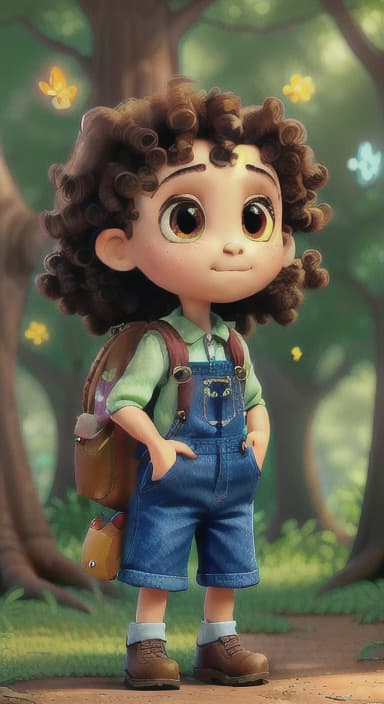  {The tree with a twinkling eye, while its leaves gently rustle., Riley, a curious with big brown eyes and curly hair, wearing overalls and carrying a small backpack. Their friend, Skye, a bluebird with shiny feathers.