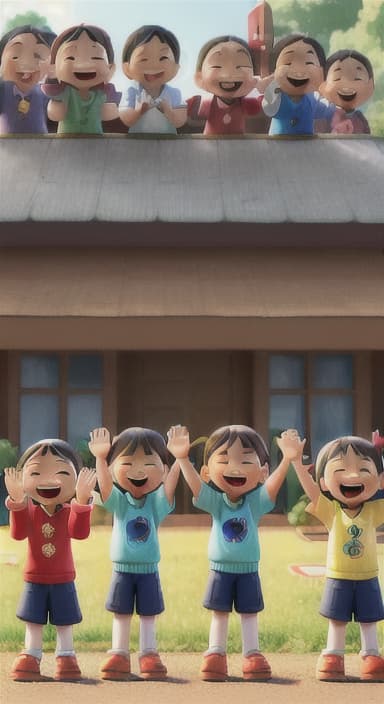  {A heartwarming scene of all the children waving goodbye with happy expressions., Children waving with wide smiles, looking grateful and content.