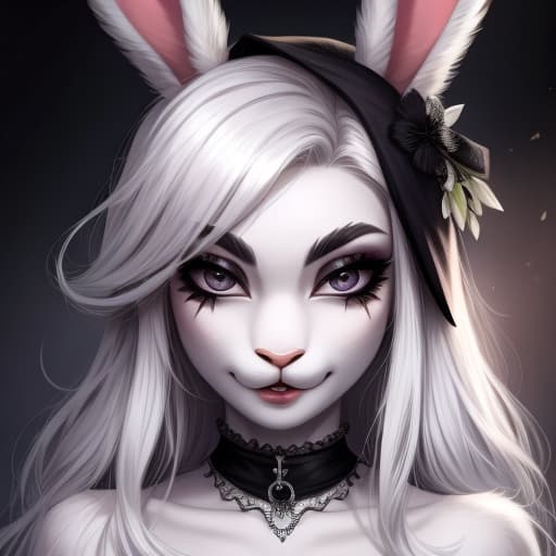  A rabbit goth, White hair, piercing, beautiful expression face, detailled eyes,, open eyes, digital art, masterpiece, 4k, fine details,