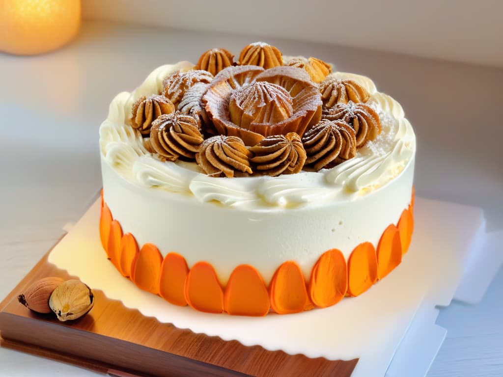  A closeup, ultradetailed image of a freshly baked carrot cake with a light dusting of powdered sugar on top, showcasing the vibrant orange specks of shredded carrots and the rich texture of the moist cake. The cake is adorned with a single elegant white cream cheese frosting swirl on top, with a sprinkle of finely chopped walnuts for added visual appeal. The background is a soft, neutraltoned surface that enhances the minimalist aesthetic of the image, drawing the viewer's focus to the exquisite details of the carrot cake. hyperrealistic, full body, detailed clothing, highly detailed, cinematic lighting, stunningly beautiful, intricate, sharp focus, f/1. 8, 85mm, (centered image composition), (professionally color graded), ((bright soft diffused light)), volumetric fog, trending on instagram, trending on tumblr, HDR 4K, 8K