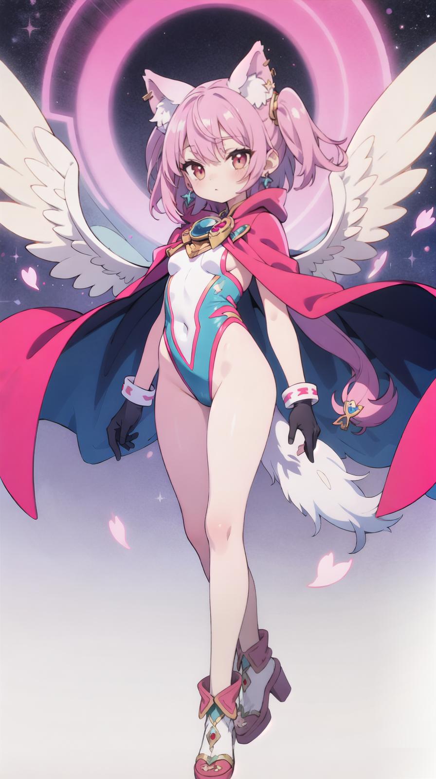  master piece , best quality,Long cape, huge ribbon, leotard, gloves, jewelry, earrings, wings of light, red costume, long two side up hair, pink hair color, wolf tail, beautiful with wolf ears, big s, magic hat, magic wand, transformation, full body