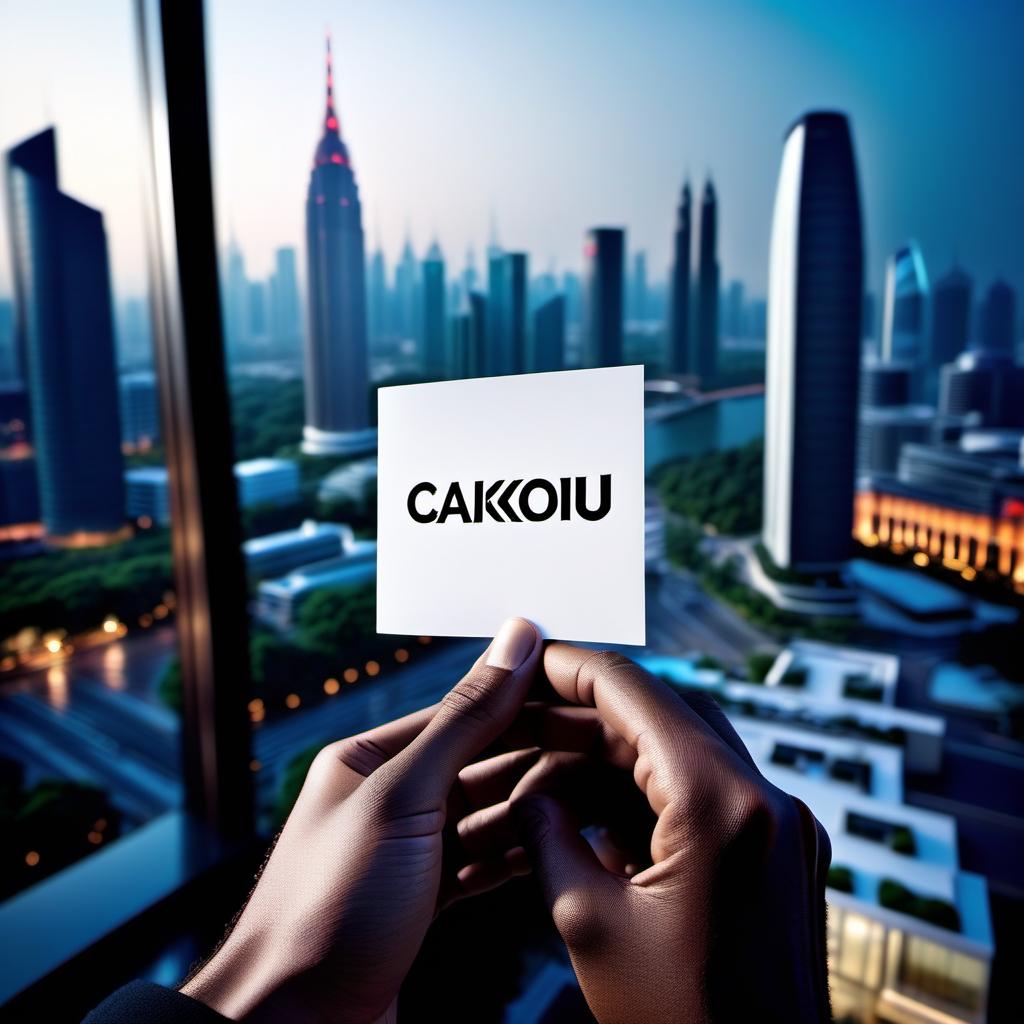  Young male hand holding a small piece of paper with the inscription "caikou" in English letters against the backdrop of a modern Chinese city from a hotel window. It looks realistic like a photo. hyperrealistic, full body, detailed clothing, highly detailed, cinematic lighting, stunningly beautiful, intricate, sharp focus, f/1. 8, 85mm, (centered image composition), (professionally color graded), ((bright soft diffused light)), volumetric fog, trending on instagram, trending on tumblr, HDR 4K, 8K