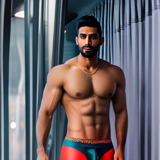 lnkdn photography handsome Indian man in underwear hyperrealistic, full body, detailed clothing, highly detailed, cinematic lighting, stunningly beautiful, intricate, sharp focus, f/1. 8, 85mm, (centered image composition), (professionally color graded), ((bright soft diffused light)), volumetric fog, trending on instagram, trending on tumblr, HDR 4K, 8K