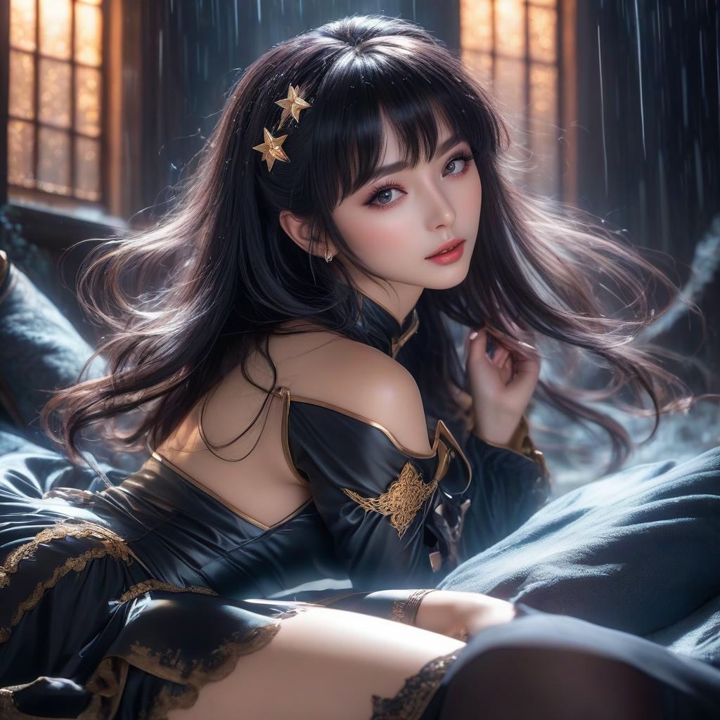  space themed Anime, photography, 4K, young elf, negligee, hair in a bun, very beautiful, bare , on her , short hair, black straight bangs, outside, night, rain, full body, closed eyes, slightly open mouth, long earrings, stockings with garters, , many details, highly detailed image, photorealism, provocation, black stockings, bare s, cute , model, beautiful body, pleasant pain, sweet moan, rapid breathing, agony, very beautiful, backstory In the castle. . cosmic, celestial, stars, galaxies, nebulas, planets, science fiction, highly detailed hyperrealistic, full body, detailed clothing, highly detailed, cinematic lighting, stunningly beautiful, intricate, sharp focus, f/1. 8, 85mm, (centered image composition), (professionally color graded), ((bright soft diffused light)), volumetric fog, trending on instagram, trending on tumblr, HDR 4K, 8K