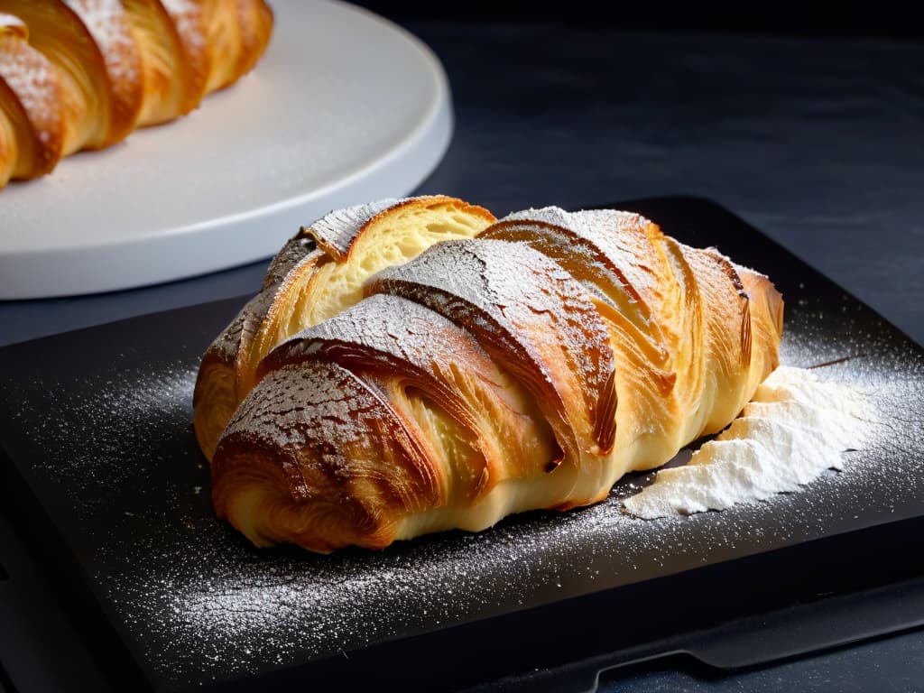  A closeup, ultradetailed image of a freshly baked, golden croissant being delicately dusted with powdered sugar, set on a sleek, matte black plate with subtle lighting that highlights the flaky layers of the pastry and the fine sugar dusting, evoking a sense of indulgence and sophistication in a minimalistic composition. hyperrealistic, full body, detailed clothing, highly detailed, cinematic lighting, stunningly beautiful, intricate, sharp focus, f/1. 8, 85mm, (centered image composition), (professionally color graded), ((bright soft diffused light)), volumetric fog, trending on instagram, trending on tumblr, HDR 4K, 8K