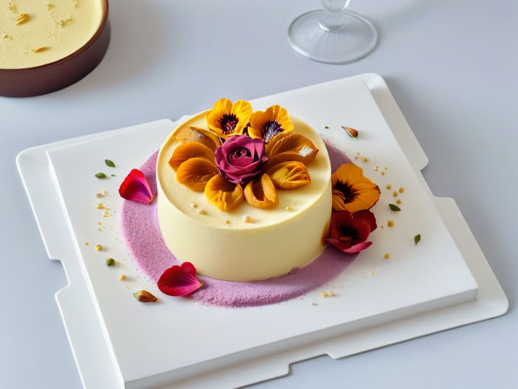  An 8k ultradetailed image of a vibrant array of traditional Indian desserts beautifully arranged on a sleek, modern white platter. Each dessert is a burst of color and texture, from golden jalebi to creamy kulfi, garnished with delicate saffron threads and edible rose petals. The desserts are surrounded by scattered whole spices like cardamom pods and cinnamon sticks, adding a touch of exotic flair to the scene. The image captures the essence of Indian dessert craftsmanship in a minimalist, elegant presentation. hyperrealistic, full body, detailed clothing, highly detailed, cinematic lighting, stunningly beautiful, intricate, sharp focus, f/1. 8, 85mm, (centered image composition), (professionally color graded), ((bright soft diffused light)), volumetric fog, trending on instagram, trending on tumblr, HDR 4K, 8K