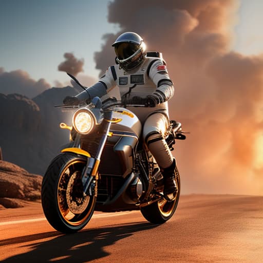  Astronaut on a motorcycle, Mars hyperrealistic, full body, detailed clothing, highly detailed, cinematic lighting, stunningly beautiful, intricate, sharp focus, f/1. 8, 85mm, (centered image composition), (professionally color graded), ((bright soft diffused light)), volumetric fog, trending on instagram, trending on tumblr, HDR 4K, 8K