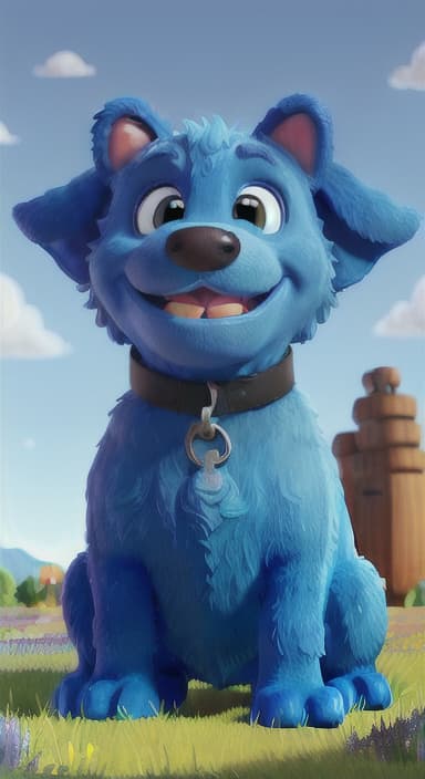  {A happy, big blue dog wagging its tail in a colorful meadow, The big blue dog is large with sky blue fur, big round eyes, a black nose, and floppy ears.