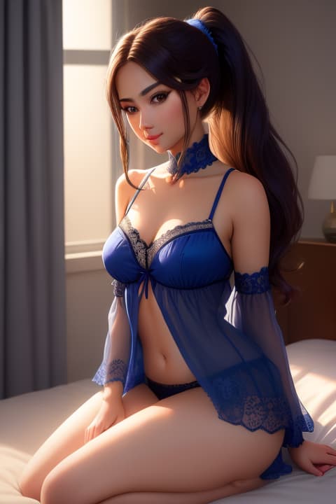  beautiful  woman in her bedroom, long hair, ponytail, honey eyes, blue lace , small s, pointed s, 1, , detailed eyes, hyperrealistic, full body, highly detailed, cinematic lighting, intricate, sharp focus, f/1. 8, 85mm, (centered image composition), (professionally color graded), ((bright soft diffused light)), volumetric fog, trending on instagram, HDR 4K, 8K