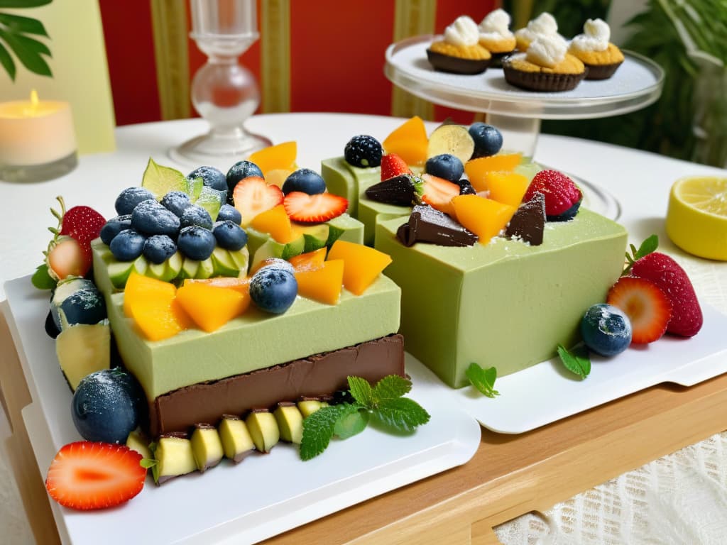  An 8k ultradetailed image of a beautifully arranged dessert table at a party, featuring a variety of organic vegan desserts such as colorful fruit tarts, decadent chocolate avocado mousse, and delicate coconut macaroons. The table is decorated with fresh flowers and greenery, adding a touch of elegance to the setting. The desserts are artfully presented on sleek, modern serving platters, creating a visually appealing and appetizing display that perfectly complements the theme of celebrating consciously with organic vegan treats. hyperrealistic, full body, detailed clothing, highly detailed, cinematic lighting, stunningly beautiful, intricate, sharp focus, f/1. 8, 85mm, (centered image composition), (professionally color graded), ((bright soft diffused light)), volumetric fog, trending on instagram, trending on tumblr, HDR 4K, 8K