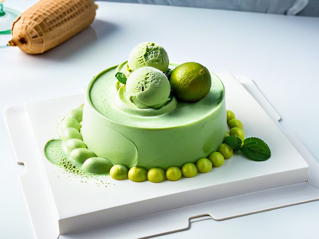  An intricate swirl of vibrant green matchainfused ice cream delicately placed on a sleek, modern serving dish. The soft, velvety texture of the ice cream catches the light, showcasing its luscious and creamy consistency. A sprinkle of finely ground matcha powder decorates the top, adding a touch of elegance to this guiltfree dessert. The background is a subtle gradient from light green to white, emphasizing the simplicity and sophistication of this homemade matcha treat. hyperrealistic, full body, detailed clothing, highly detailed, cinematic lighting, stunningly beautiful, intricate, sharp focus, f/1. 8, 85mm, (centered image composition), (professionally color graded), ((bright soft diffused light)), volumetric fog, trending on instagram, trending on tumblr, HDR 4K, 8K