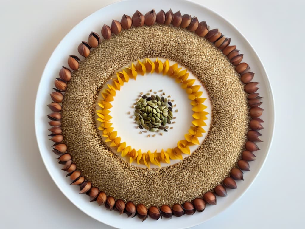  A highresolution, minimalist image of a variety of colorful seeds such as chia, flax, pumpkin, and sunflower seeds neatly arranged in a circular pattern on a sleek, modern white plate with soft natural lighting casting gentle shadows, showcasing the vibrant textures and natural beauty of the seeds. hyperrealistic, full body, detailed clothing, highly detailed, cinematic lighting, stunningly beautiful, intricate, sharp focus, f/1. 8, 85mm, (centered image composition), (professionally color graded), ((bright soft diffused light)), volumetric fog, trending on instagram, trending on tumblr, HDR 4K, 8K