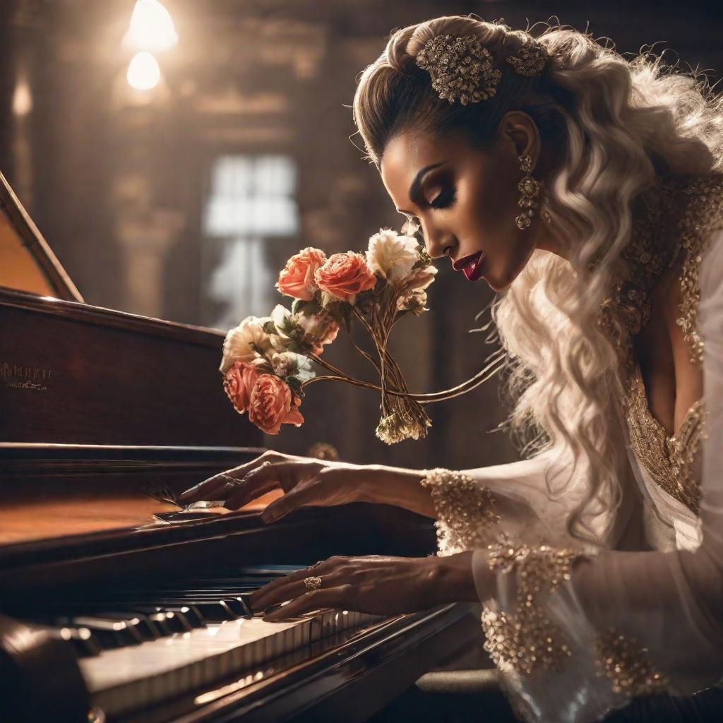  Crear una imagen del amor entre un piano y una guitarra hyperrealistic, full body, detailed clothing, highly detailed, cinematic lighting, stunningly beautiful, intricate, sharp focus, f/1. 8, 85mm, (centered image composition), (professionally color graded), ((bright soft diffused light)), volumetric fog, trending on instagram, trending on tumblr, HDR 4K, 8K