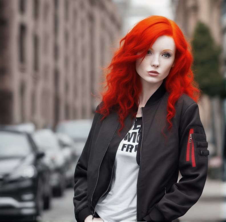  Woman with red hair and a black jacket