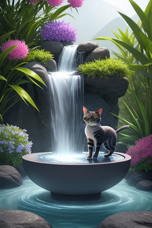  Kitten, Bizarre fountain,Bamboo, partial close up, large near and small, near real and far virtual, photographic composition, high definition texture, 4K, exquisite picture, Glass texture streamlined abstract glass water silence surrealism Glass Mountain high quality, 3D ultra realistic digital art of a water scene, a circular marble podium standing in water, surrounded by colorful plants, with white rolling hills and a huge round illuminant in the background.holographic Purple and pink, C4D rendering, candy core hyperrealistic, full body, detailed clothing, highly detailed, cinematic lighting, stunningly beautiful, intricate, sharp focus, f/1. 8, 85mm, (centered image composition), (professionally color graded), ((bright soft diffused light)), volumetric fog, trending on instagram, trending on tumblr, HDR 4K, 8K