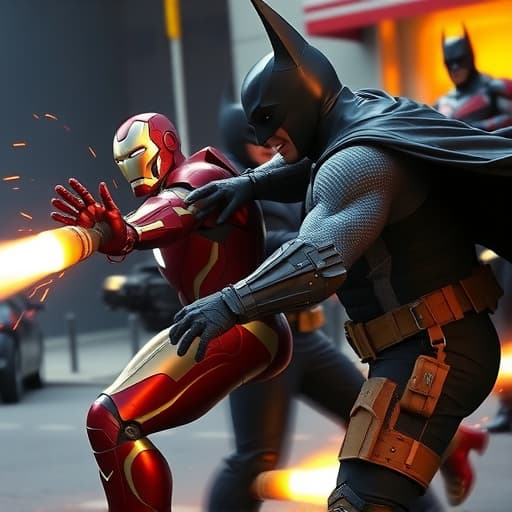  ironman and batman fighting eachother, firing rocket hyperrealistic, full body, detailed clothing, highly detailed, cinematic lighting, stunningly beautiful, intricate, sharp focus, f/1. 8, 85mm, (centered image composition), (professionally color graded), ((bright soft diffused light)), volumetric fog, trending on instagram, trending on tumblr, HDR 4K, 8K