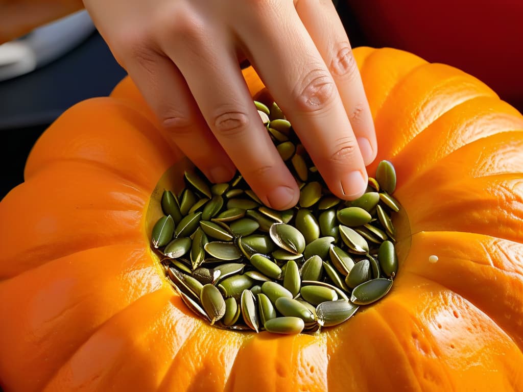  An ultradetailed, 8k resolution image of a closeup shot of a hand delicately scooping out fresh, plump pumpkin seeds from the center of a vibrant orange pumpkin, with the seeds glistening in the natural light, showcasing the intricate details and textures of the seeds and the pumpkin flesh. The image captures the essence of the seed selection and preparation process, emphasizing freshness and natural ingredients, perfect for an informative article on energizing desserts with pumpkin seeds. hyperrealistic, full body, detailed clothing, highly detailed, cinematic lighting, stunningly beautiful, intricate, sharp focus, f/1. 8, 85mm, (centered image composition), (professionally color graded), ((bright soft diffused light)), volumetric fog, trending on instagram, trending on tumblr, HDR 4K, 8K