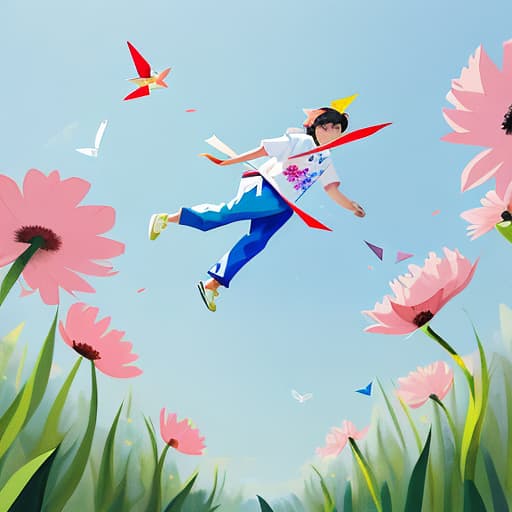  Hand-painted paper planes fly into the flowers,