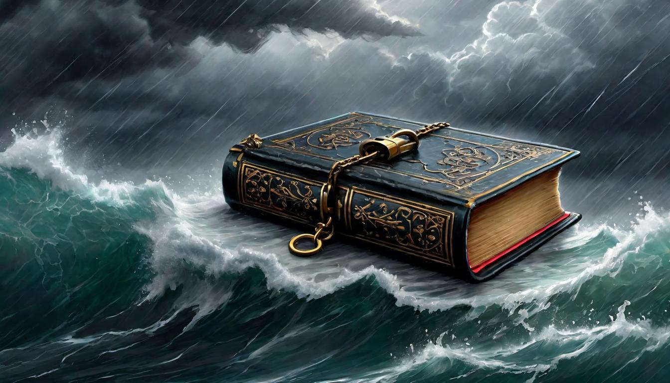  digital painting of A closed book sealed with an intricate lock, against a backdrop of stormy skies, signifying the definitive rejection of black magic, resolution, finality looking at viewer, dynamic pose, (intricate details, masterpiece, best quality)