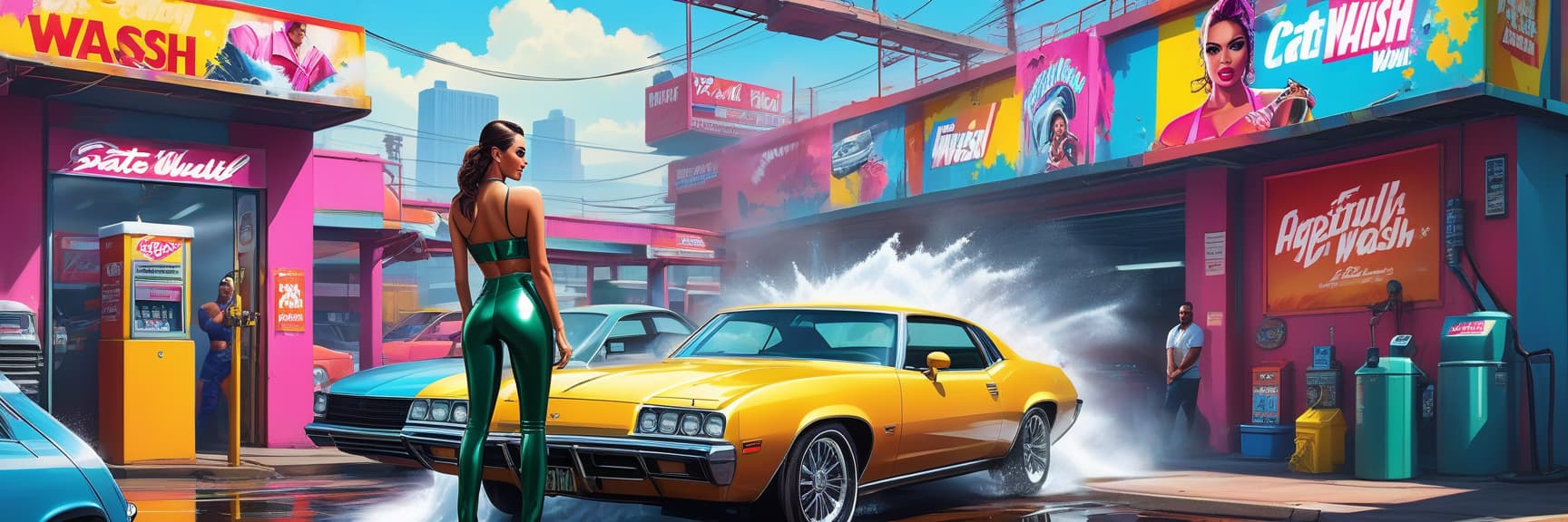  GTA style artwork Stunning panoramic art, a beautiful girl works at a car wash, sprays, foam, colorful, bright, high detail, GTA style. . satirical, exaggerated, pop art style, vibrant colors, iconic characters, action packed hyperrealistic, full body, detailed clothing, highly detailed, cinematic lighting, stunningly beautiful, intricate, sharp focus, f/1. 8, 85mm, (centered image composition), (professionally color graded), ((bright soft diffused light)), volumetric fog, trending on instagram, trending on tumblr, HDR 4K, 8K