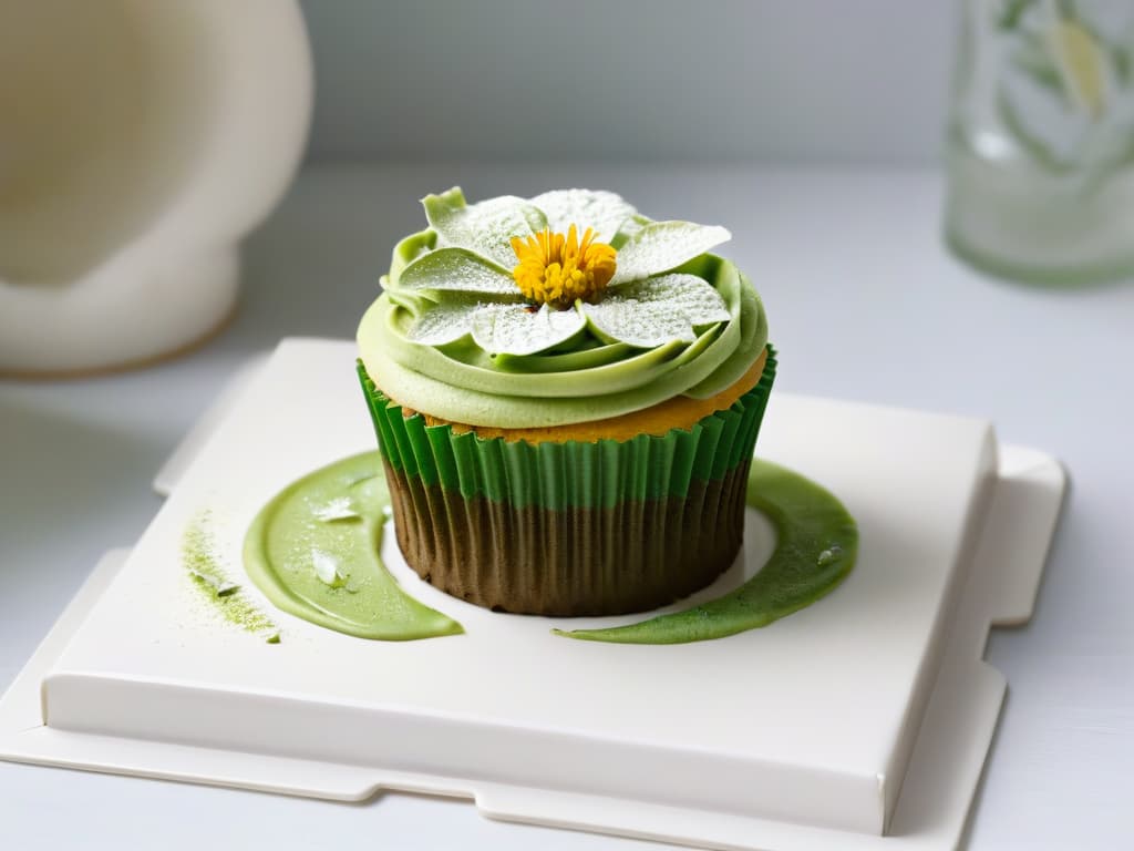  A closeup, ultradetailed image of a vibrant, intricately designed vegan cupcake, showcasing innovative ingredients like edible flowers, matcha powder, and coconut cream frosting. The cupcake is elegantly placed on a sleek, minimalist white plate, with soft natural lighting highlighting its texture and colors. hyperrealistic, full body, detailed clothing, highly detailed, cinematic lighting, stunningly beautiful, intricate, sharp focus, f/1. 8, 85mm, (centered image composition), (professionally color graded), ((bright soft diffused light)), volumetric fog, trending on instagram, trending on tumblr, HDR 4K, 8K