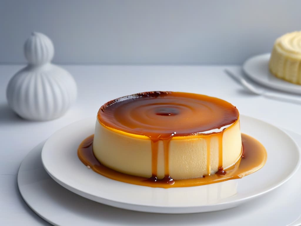  A closeup, ultradetailed image of a perfectly caramelized, goldenbrown flan resting on a sleek, modern white plate. The creamy texture is evident, with a subtle glaze of caramel cascading down the sides. The lighting captures every glossy detail, highlighting the intricate ripples on the surface of the flan, creating a visually captivating and minimalist composition that exudes elegance and sophistication. hyperrealistic, full body, detailed clothing, highly detailed, cinematic lighting, stunningly beautiful, intricate, sharp focus, f/1. 8, 85mm, (centered image composition), (professionally color graded), ((bright soft diffused light)), volumetric fog, trending on instagram, trending on tumblr, HDR 4K, 8K