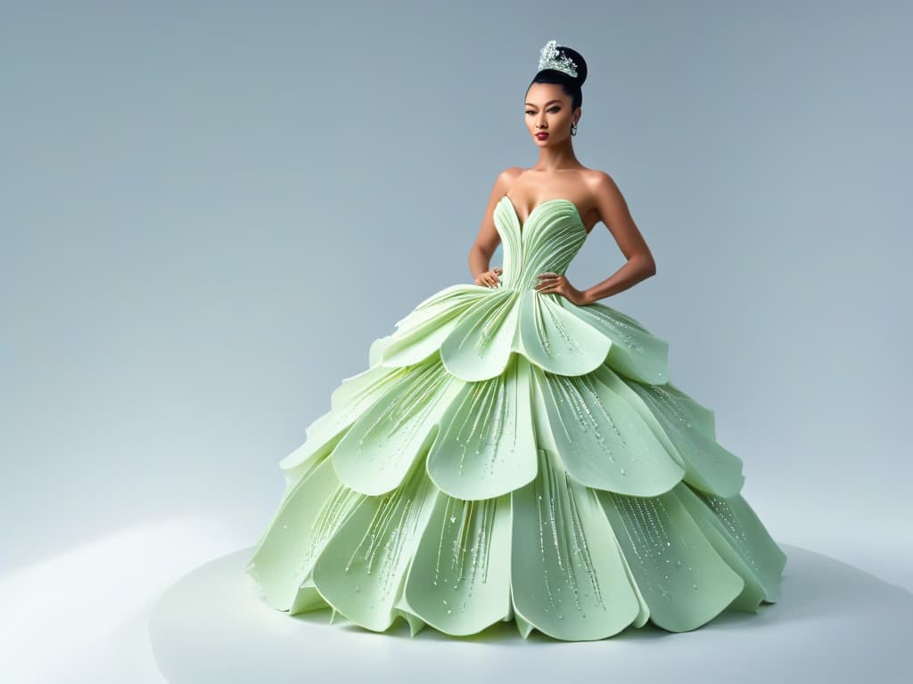  An ultradetailed image of a delicate sugar sculpture resembling a highfashion gown, intricately designed with swirling patterns and intricate details, set against a stark white background to emphasize its artistry and elegance. The sculpture is flawlessly crafted, showcasing the skill and creativity involved in merging the worlds of sugar art and high fashion. Each crease and fold of the sugar fabric is meticulously sculpted, capturing the essence of couture fashion in a sweet and visually stunning way. hyperrealistic, full body, detailed clothing, highly detailed, cinematic lighting, stunningly beautiful, intricate, sharp focus, f/1. 8, 85mm, (centered image composition), (professionally color graded), ((bright soft diffused light)), volumetric fog, trending on instagram, trending on tumblr, HDR 4K, 8K