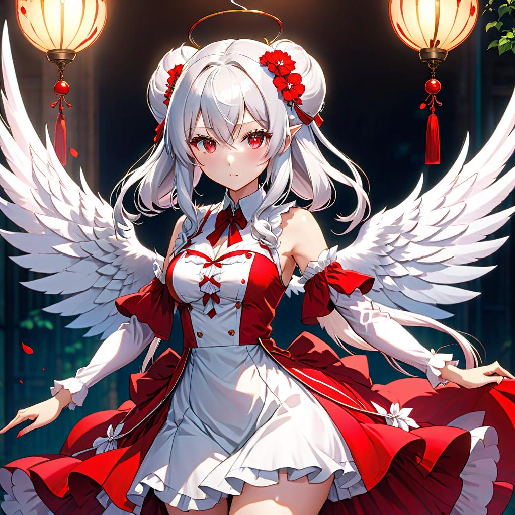  anime artwork A young and slender , of medium height with white hair in two large ids, fairy like white wings instead of hands, bright red stains on her from spring dresses. . anime style, key visual, vint, studio anime, highly detailed hyperrealistic, full body, detailed clothing, highly detailed, cinematic lighting, stunningly beautiful, intricate, sharp focus, f/1. 8, 85mm, (centered image composition), (professionally color graded), ((bright soft diffused light)), volumetric fog, trending on instagram, trending on tumblr, HDR 4K, 8K