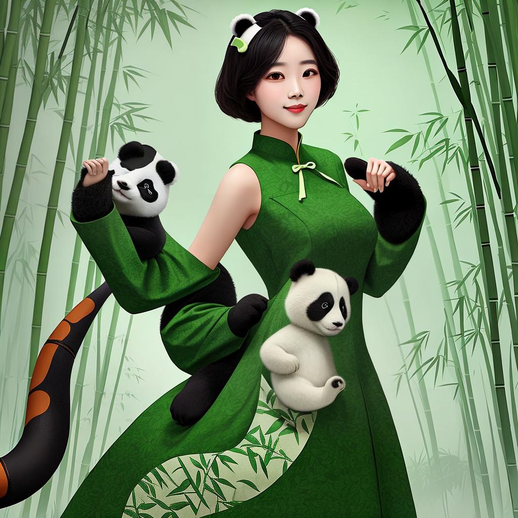  masterpiece, best quality, a female model wearing a green yarn A-shaped dress with panda and bamboo leaf patterns at the bottom of the dress, shoulder wearing the same color cloud shoulder, panoramic view