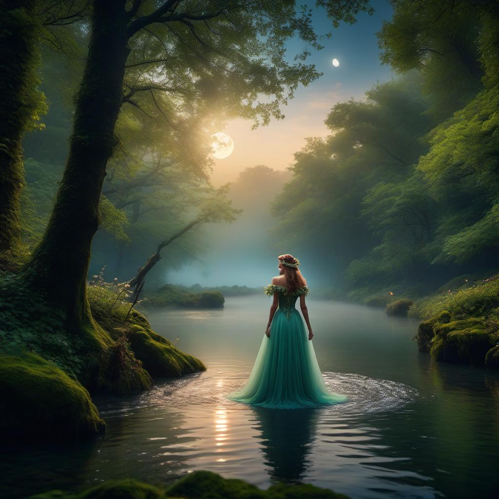  cinematic photo Enter the enchanted forest of A Midsummer Night's Dream, where wood fairies and magical creatures, moonlit trees, detailed, fireflies, rustling leaves, river, beautiful background in the river, Full HD quality, 4k quality . 35mm photograph, film, bokeh, professional, 4k, highly detailed hyperrealistic, full body, detailed clothing, highly detailed, cinematic lighting, stunningly beautiful, intricate, sharp focus, f/1. 8, 85mm, (centered image composition), (professionally color graded), ((bright soft diffused light)), volumetric fog, trending on instagram, trending on tumblr, HDR 4K, 8K