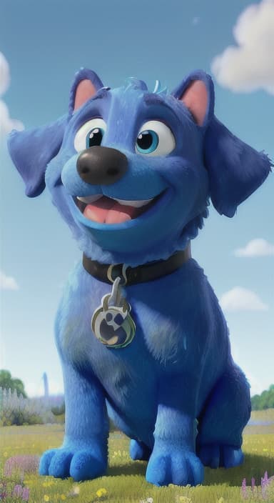  {A happy, big blue dog wagging its tail in a colorful meadow, The big blue dog is large with sky blue fur, big round eyes, a black nose, and floppy ears.