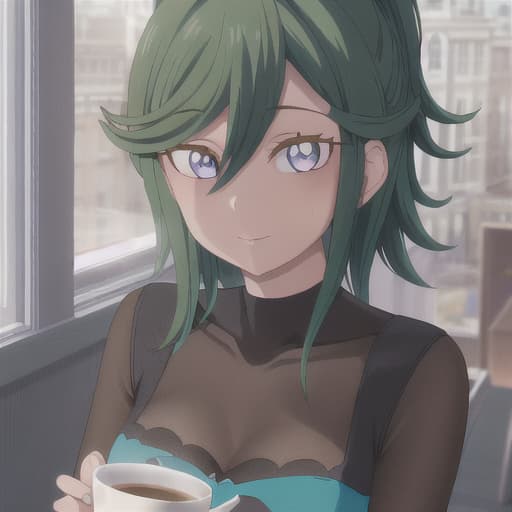  Captura de pantalla de my hero Academia una chica hermosa de pelo corto blanco con puntas azul menta ojos un poco grandes color azul menta sentada mirando la ventana con una taza de café y una sonrisa pequeña y una pijama blanca de tiras hyperrealistic, full body, detailed clothing, highly detailed, cinematic lighting, stunningly beautiful, intricate, sharp focus, f/1. 8, 85mm, (centered image composition), (professionally color graded), ((bright soft diffused light)), volumetric fog, trending on instagram, trending on tumblr, HDR 4K, 8K