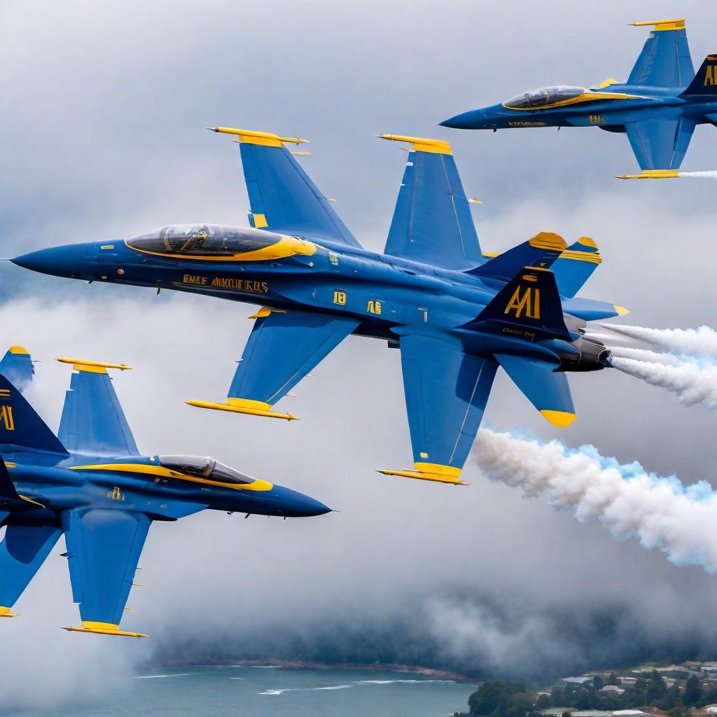  Create an image of Blue Angels fighter jets with paint brush strokes for the exhaust. hyperrealistic, full body, detailed clothing, highly detailed, cinematic lighting, stunningly beautiful, intricate, sharp focus, f/1. 8, 85mm, (centered image composition), (professionally color graded), ((bright soft diffused light)), volumetric fog, trending on instagram, trending on tumblr, HDR 4K, 8K