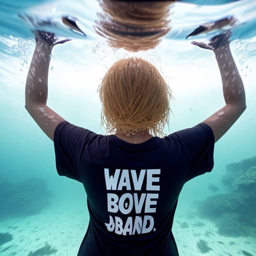  tanned blonde woman with giant booty in T-shirt drowning underwater in full growth. she actively wave her arms. view from the back