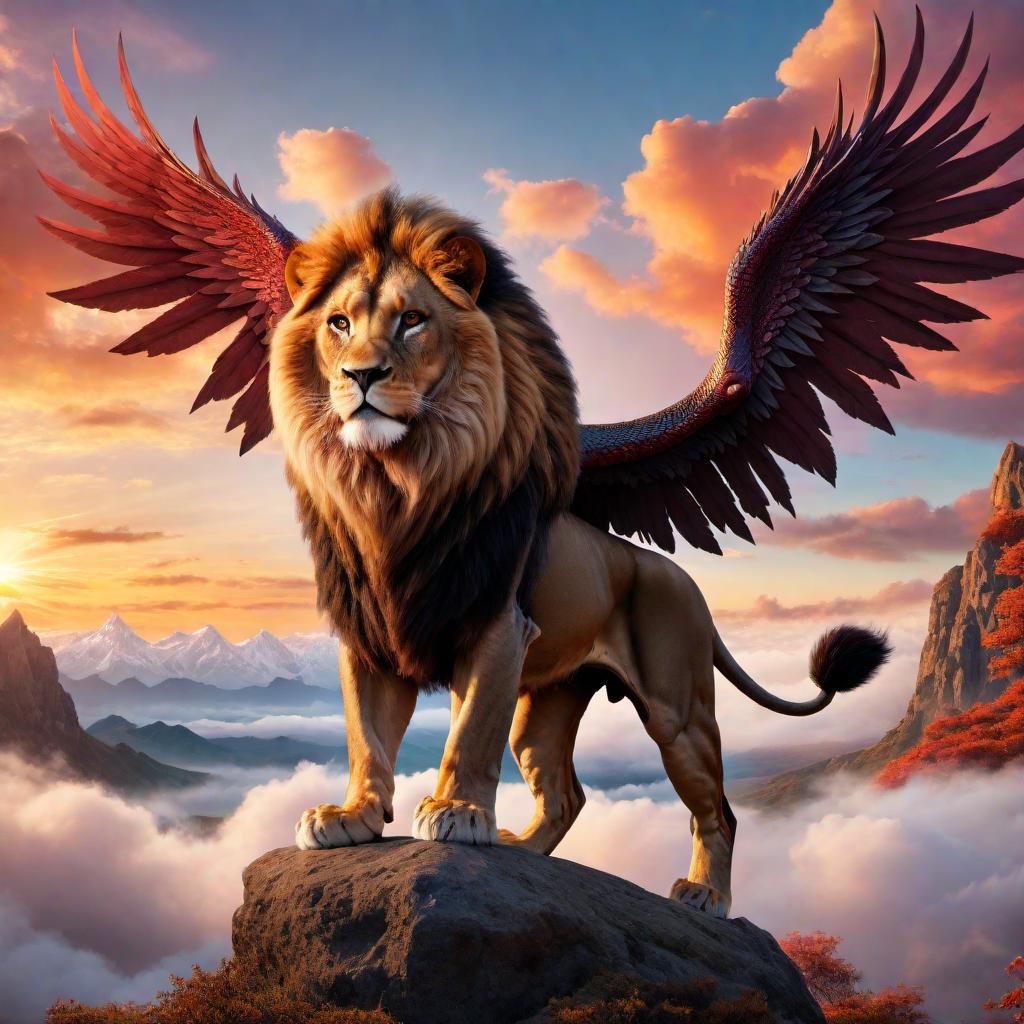  A majestic lion with a dragon's wings soaring through a vibrant sky. The lion should have a powerful, regal presence, and the wings should resemble those of a traditional, mythical dragon. The background should be filled with colorful clouds and a radiant sunset. hyperrealistic, full body, detailed clothing, highly detailed, cinematic lighting, stunningly beautiful, intricate, sharp focus, f/1. 8, 85mm, (centered image composition), (professionally color graded), ((bright soft diffused light)), volumetric fog, trending on instagram, trending on tumblr, HDR 4K, 8K