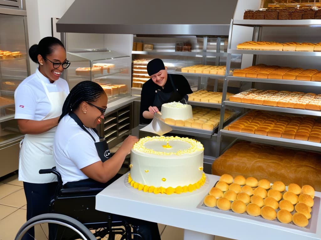  An ultradetailed image of a diverse group of individuals with various disabilities joyfully working together in a modern bakery setting. The scene captures a wheelchair user expertly decorating a cake, a visually impaired person carefully measuring ingredients, and a person with Down syndrome packaging freshly baked goods. The bakery is filled with sleek, minimalistic decor, and the atmosphere exudes inclusivity, empowerment, and passion for the art of baking. hyperrealistic, full body, detailed clothing, highly detailed, cinematic lighting, stunningly beautiful, intricate, sharp focus, f/1. 8, 85mm, (centered image composition), (professionally color graded), ((bright soft diffused light)), volumetric fog, trending on instagram, trending on tumblr, HDR 4K, 8K