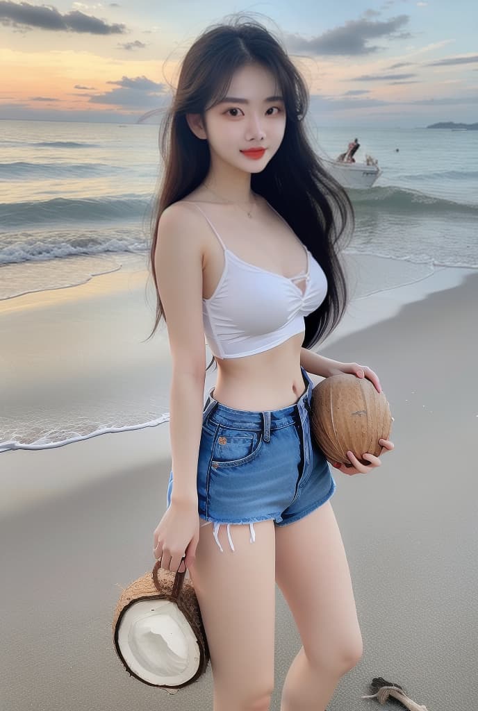  A beautiful Vietnamese girl standing on beach, holding a coconut, white camisole shirt, blue long jean, hyperrealistic, full body, detailed clothing, highly detailed, cinematic lighting, stunningly beautiful, intricate, sharp focus, f/1. 8, 85mm, (centered image composition), (professionally color graded), ((bright soft diffused light)), volumetric fog, trending on instagram, trending on tumblr, HDR 4K, 8K
