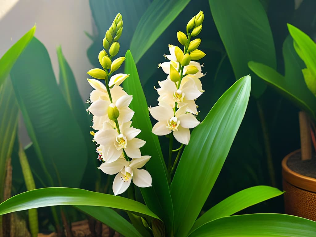  A closeup, ultradetailed image of a lush vanilla orchid plant in full bloom, showcasing intricate and delicate white flowers contrasted against vibrant green leaves. The image captures the essence of Madagascar's rich soil and tropical climate, emphasizing the luxurious nature of the soughtafter vanilla beans that are used in highend pastry creations. The sunlight filtering through the leaves adds a warm and inviting glow, highlighting the exotic beauty of this prized ingredient. hyperrealistic, full body, detailed clothing, highly detailed, cinematic lighting, stunningly beautiful, intricate, sharp focus, f/1. 8, 85mm, (centered image composition), (professionally color graded), ((bright soft diffused light)), volumetric fog, trending on instagram, trending on tumblr, HDR 4K, 8K