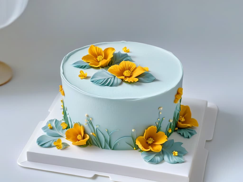  A closeup, ultradetailed image of a perfectly frosted cake with intricate piping details, adorned with delicate edible flowers and shimmering gold leaf accents. The cake is displayed on a sleek, modern white cake stand against a soft, blurred background, emphasizing the precision and artistry involved in creating themed pastry products. hyperrealistic, full body, detailed clothing, highly detailed, cinematic lighting, stunningly beautiful, intricate, sharp focus, f/1. 8, 85mm, (centered image composition), (professionally color graded), ((bright soft diffused light)), volumetric fog, trending on instagram, trending on tumblr, HDR 4K, 8K