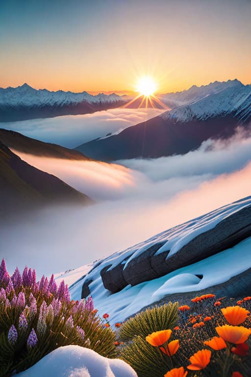  RAW Photography,Snow capped mountains, flowers and moos, sunrise, sunrays, white clouds,lens flare, low wide angle,, (sharpness in detail:1.1), Canon EOS 5D Mark IV, masterpiece, 35mm photograph, (iconic photograph:1.4), (visual storytelling:1.2), film grain, award winning photography,vibrant use of light and shadow, vivid colors,high quality textures of materials, volumetric textures perfect composition, dynamic play of light, rich colors, epic shot, perfectly quality, natural textures,high detail, high sharpness, high clarity, detailed ,photoshadow, intricate details, 8k hyperrealistic, full body, detailed clothing, highly detailed, cinematic lighting, stunningly beautiful, intricate, sharp focus, f/1. 8, 85mm, (centered image composition), (professionally color graded), ((bright soft diffused light)), volumetric fog, trending on instagram, trending on tumblr, HDR 4K, 8K