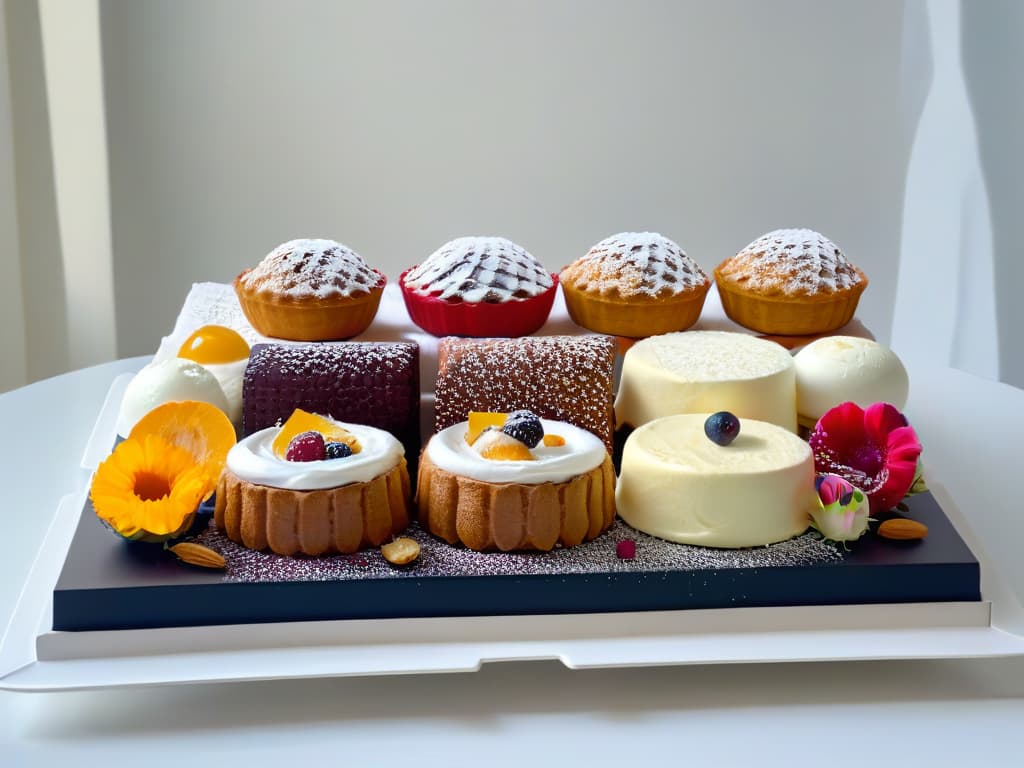  A highresolution, minimalist image featuring a collection of colorful and intricately decorated Australian desserts such as lamingtons, pavlova, and Anzac biscuits, beautifully arranged on a sleek, modern platter. Each dessert showcases its unique textures and vibrant colors, inviting the viewer to savor the diverse and rich culinary heritage of Australian sweets. The presentation is elegant and visually appealing, highlighting the traditional and modern fusion of flavors in Australian dessert cuisine. hyperrealistic, full body, detailed clothing, highly detailed, cinematic lighting, stunningly beautiful, intricate, sharp focus, f/1. 8, 85mm, (centered image composition), (professionally color graded), ((bright soft diffused light)), volumetric fog, trending on instagram, trending on tumblr, HDR 4K, 8K