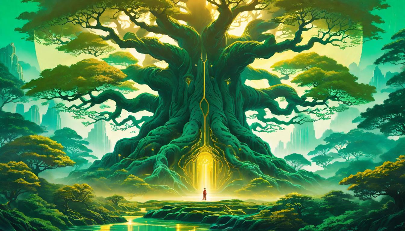  retro futuristic Giant ancient trees intertwined, roots and branches merging in the center of the world; a golden glow from within symbolizes truth and righteousness; deep emerald greens surround the scene, indicating growth and renewal; magical realism with a touch of ancient wisdom lvintage sci fi, 50s and 60s style, atomic age, vibrant, highly detailed