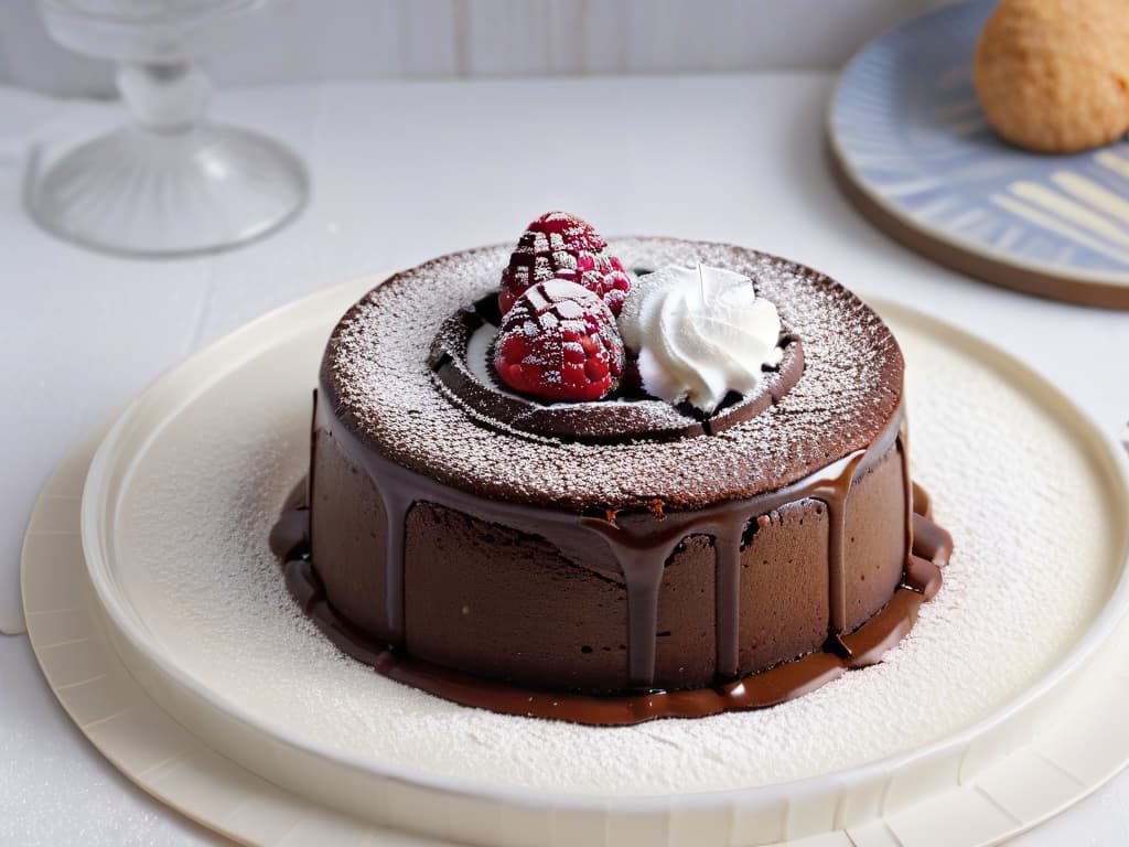  An ultradetailed closeup image of a decadent chocolate lava cake with a perfectly gooey center oozing out onto a pristine white plate. The cake is dusted with a light sprinkling of powdered sugar, and a single vibrant red raspberry is delicately perched on top, adding a pop of color to the rich dessert. The glossy surface of the cake reflects the surrounding light, highlighting the intricate textures and layers of the dessert in stunning detail. hyperrealistic, full body, detailed clothing, highly detailed, cinematic lighting, stunningly beautiful, intricate, sharp focus, f/1. 8, 85mm, (centered image composition), (professionally color graded), ((bright soft diffused light)), volumetric fog, trending on instagram, trending on tumblr, HDR 4K, 8K