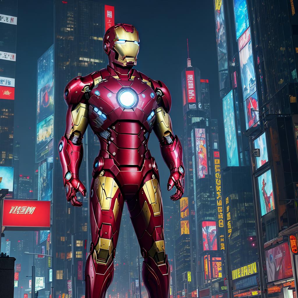  masterpiece, best quality, Best quality, masterpiece, 8k resolution, realistic, highly detailed, close up of Iron Man. In a cyberpunk-style night scene of the city, he stands on a street lined with tall buildings. The city's night lights are bright, The surrounding buildings and streets are filled with cyberpunk elements such as neon lights, high-tech devices, and futuristic architectural designs.