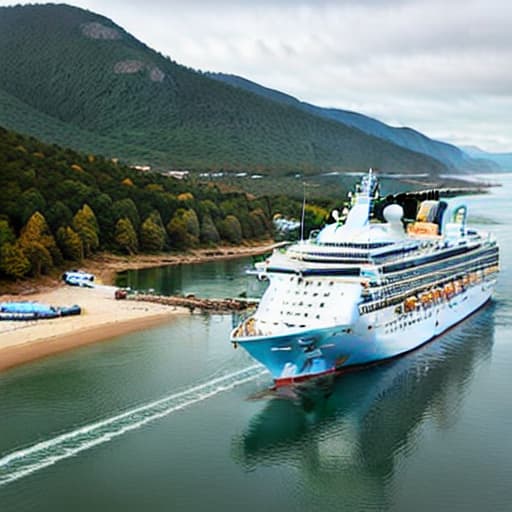 modelshoot style a cruise ship is sailing on the ocean in the morning atmosphere HDR Landscapes hyperrealistic, full body, detailed clothing, highly detailed, cinematic lighting, stunningly beautiful, intricate, sharp focus, f/1. 8, 85mm, (centered image composition), (professionally color graded), ((bright soft diffused light)), volumetric fog, trending on instagram, trending on tumblr, HDR 4K, 8K