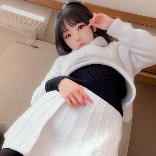  An angelic Japanese woman is wearing a sweater and mini skirt and black stockings to the waist. She has brown eyes and very kind eyes. Black hair. She has angelic white wings on her back and an angelic golden ring floating above her head. She wears a wedding ring. Female Cute