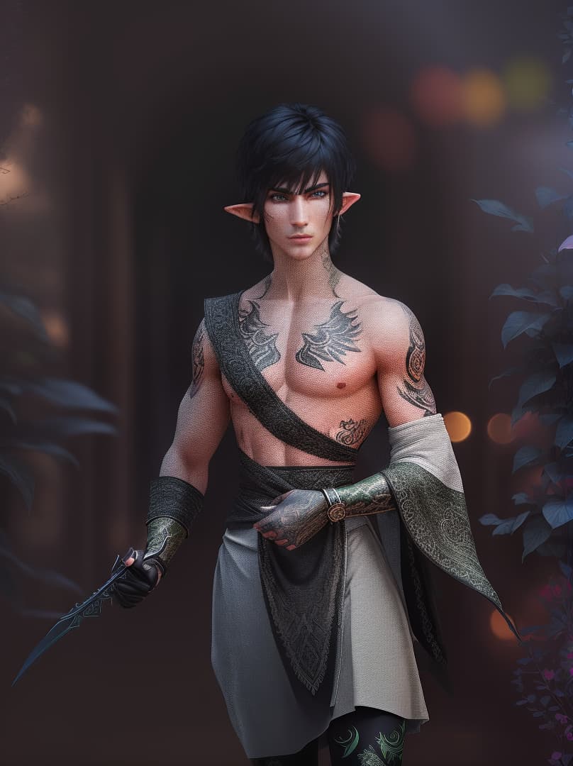  male, half-elf, short black hair, green eyes, tattoos, thin toned body, hyperrealistic, high quality, highly detailed, perfect lighting, intricate, sharp focus, f/1. 8, 85mm, (centered image composition), (professionally color graded), ((bright soft diffused light)), trending on instagram, HDR 4K, 8K